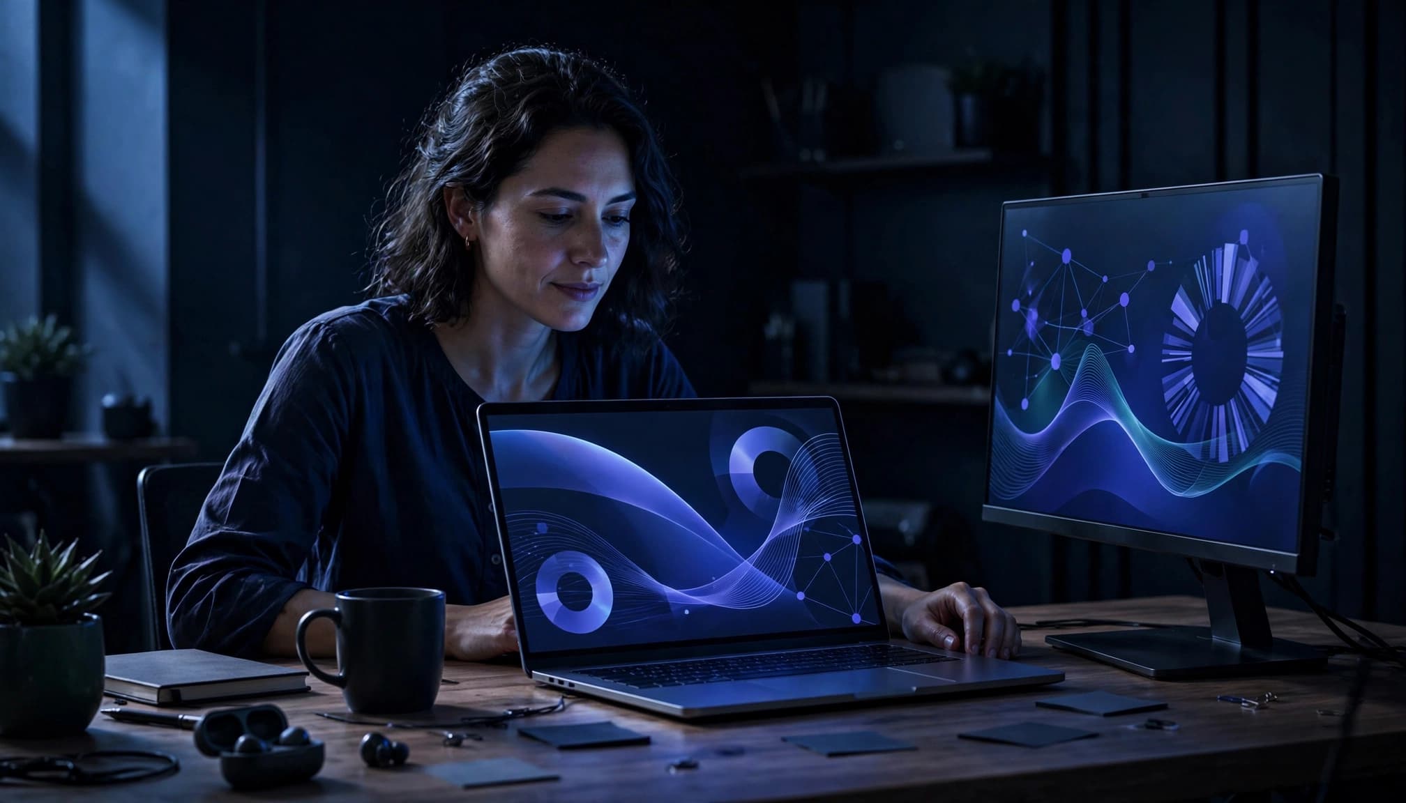 A manager reviews affiliate data on a laptop beside a monitor with abstract charts.
