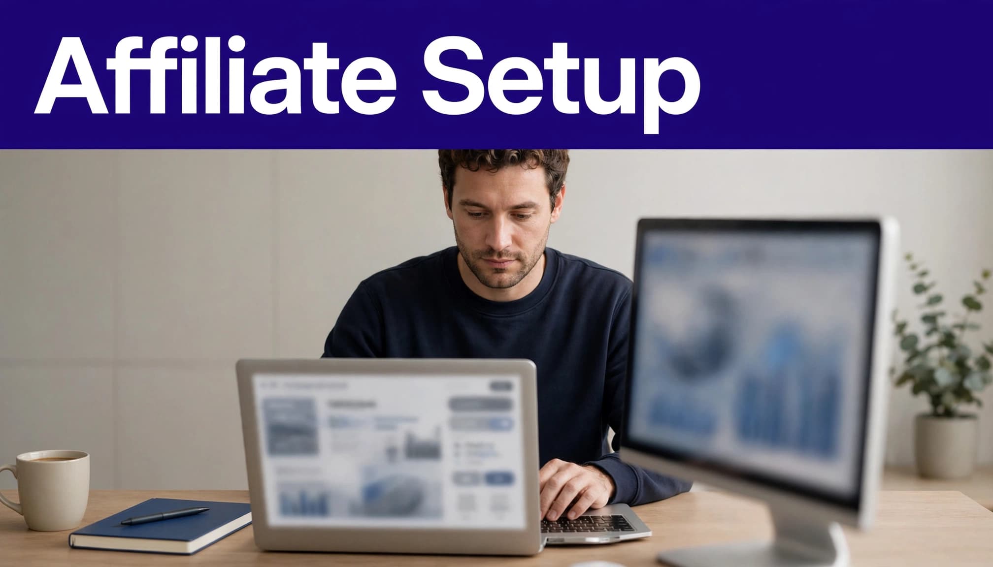 A founder configures an affiliate system on a laptop at a tidy home office desk.