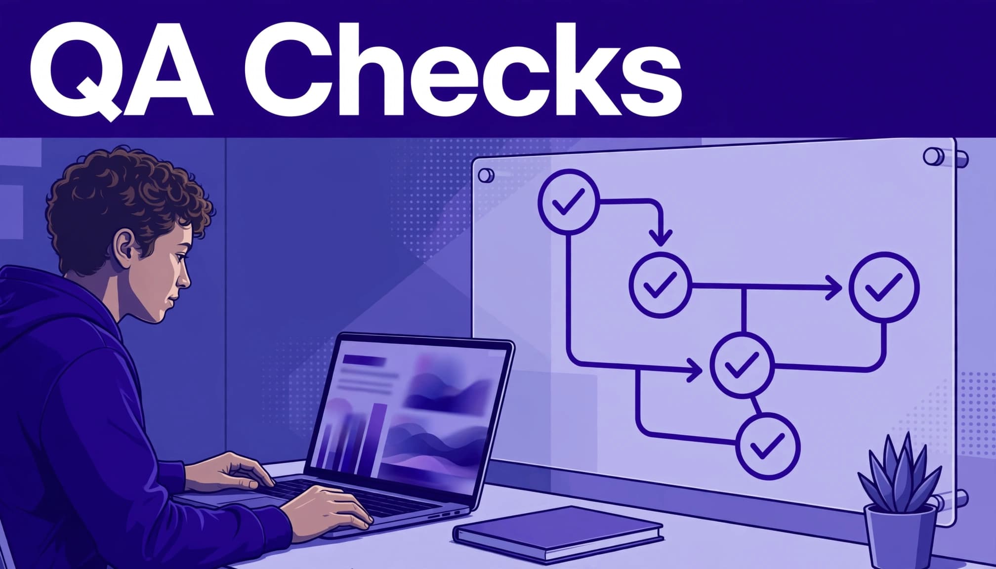 An operator checks affiliate analytics beside a connected QA flow diagram.