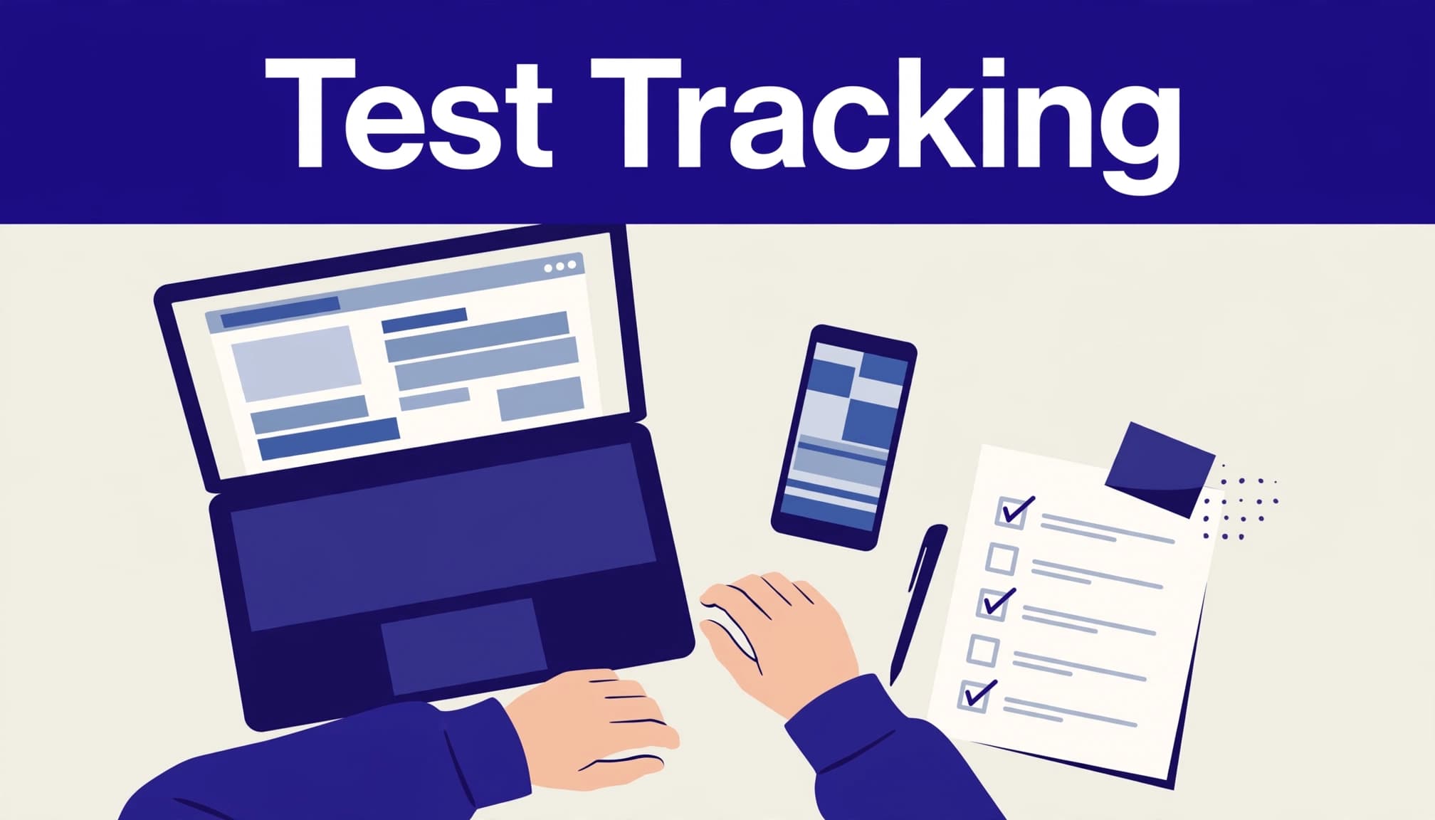 Person testing affiliate tracking with a laptop, smartphone, and paper checklist.