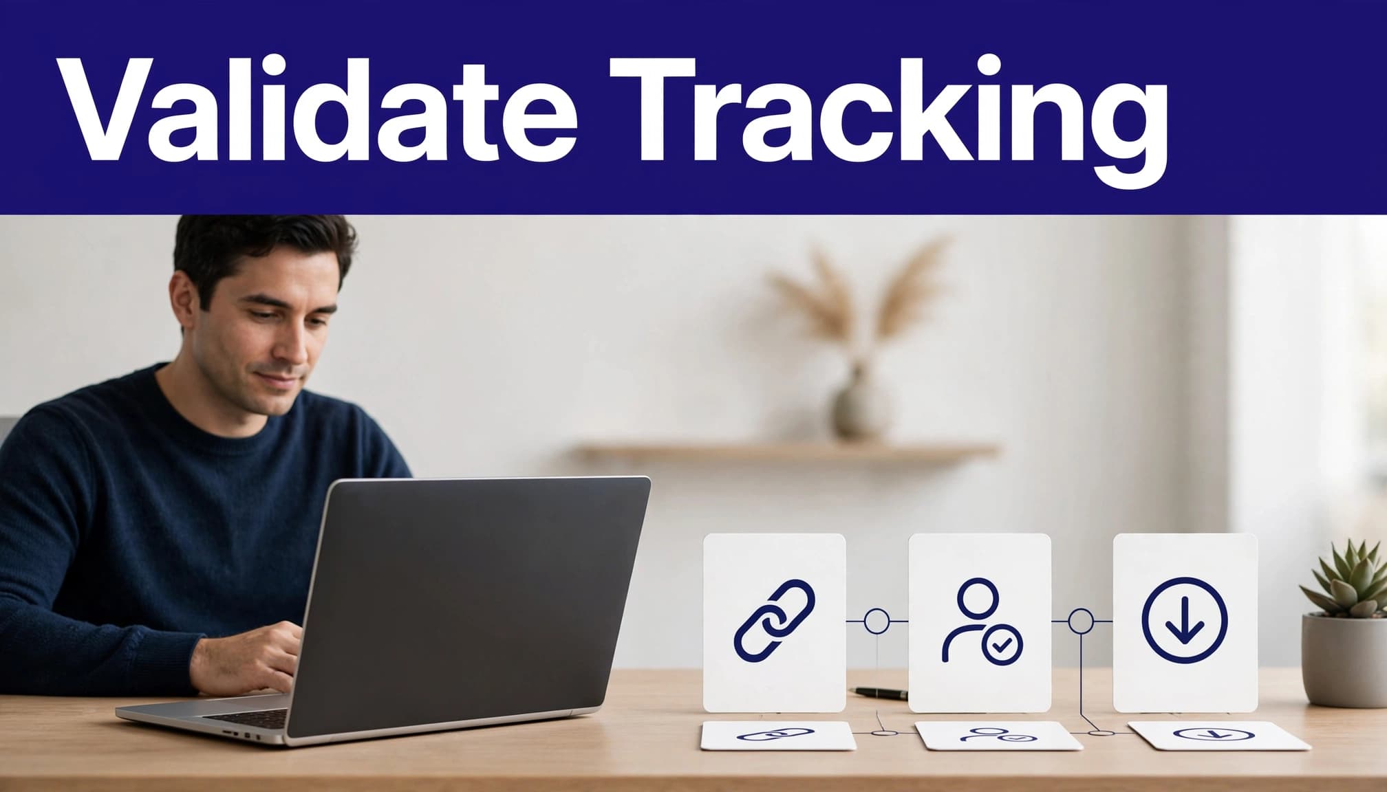 A seated operator reviews connected affiliate tracking stages beside a laptop.