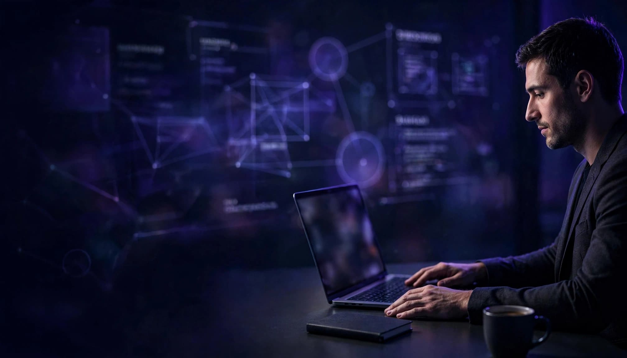 A manager reviews a blurred billing workflow on a laptop beside a notebook and coffee.