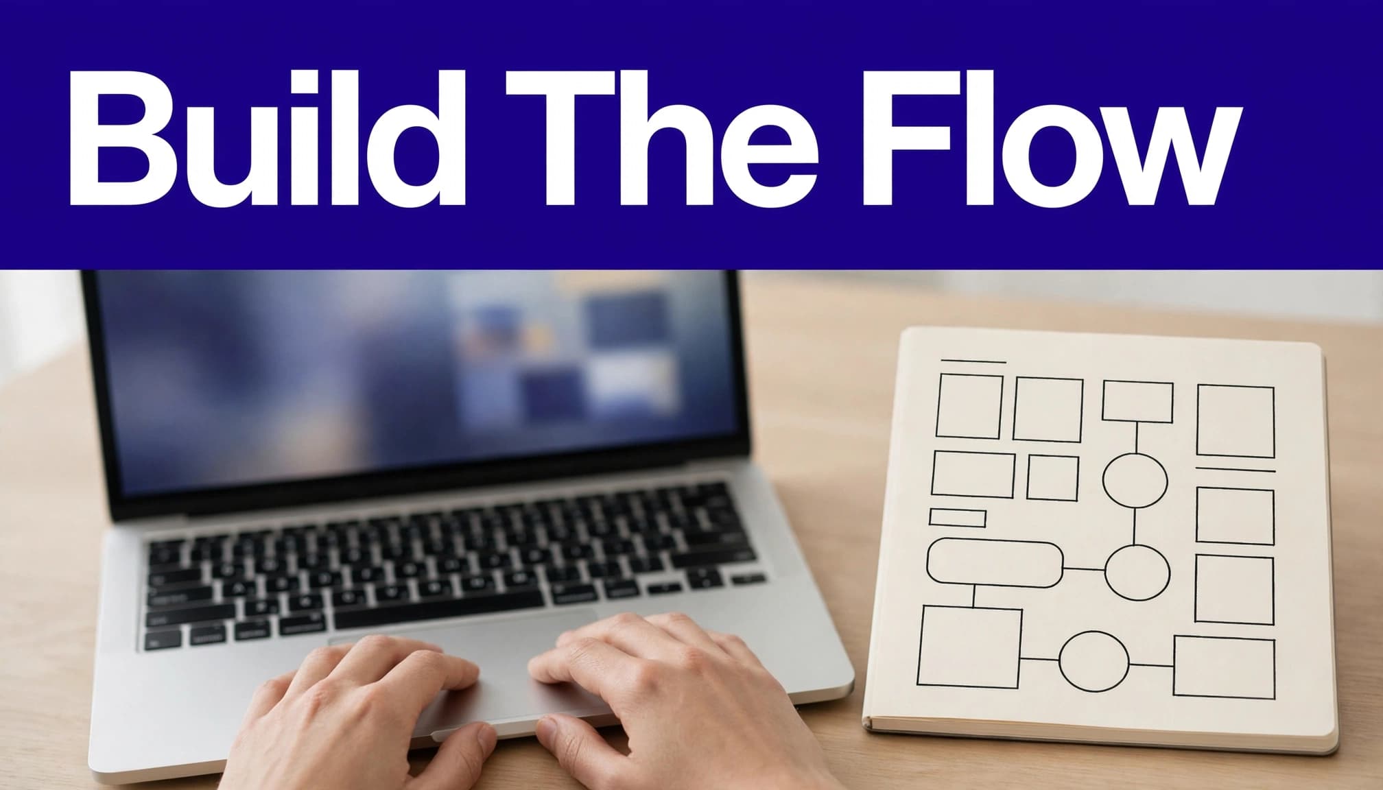 Relaxed hands beside a laptop and notebook under a bold indigo header.