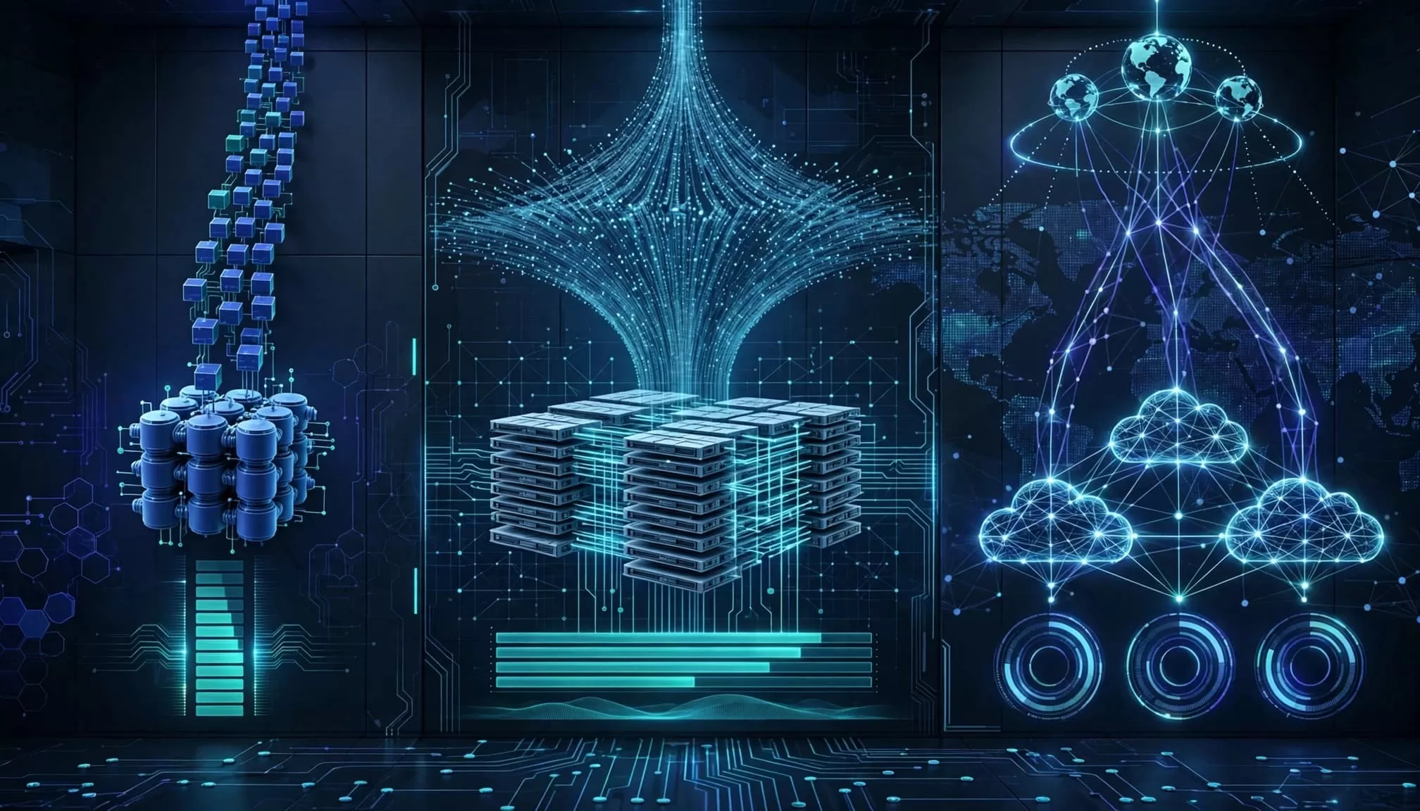 Three workload paths connect to different cloud database designs in a dark operations room.