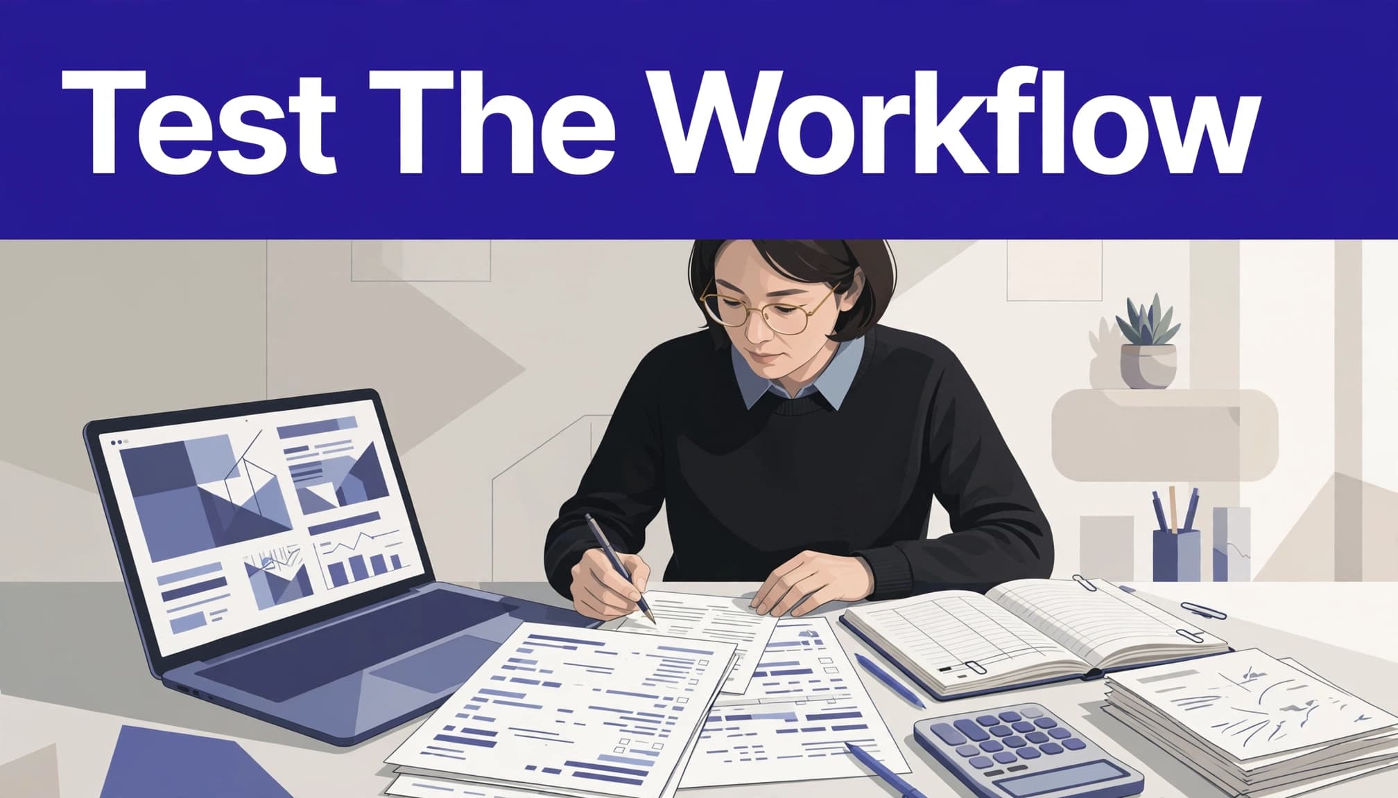 A manager reviews a laptop beside a ledger, calculator, and payment papers.
