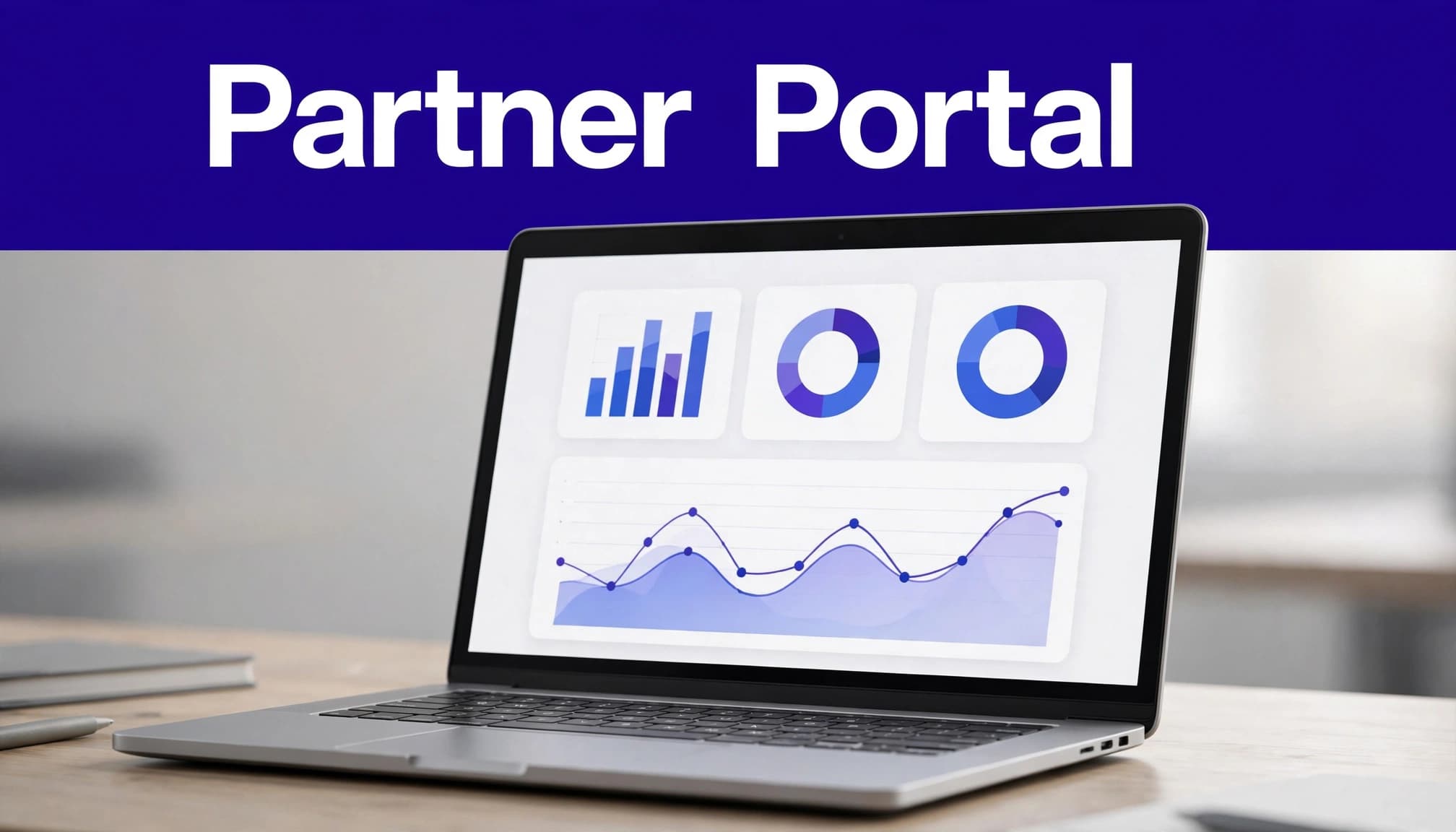 Laptop showing partner referrals, commissions, and performance charts in a blue SaaS dashboard.