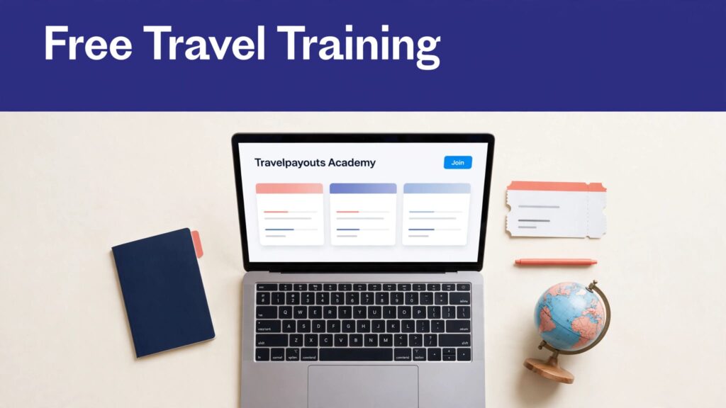 Laptop showing travel training beside a passport, ticket, and globe under an indigo banner.