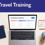 Laptop showing travel training beside a passport, ticket, and globe under an indigo banner.