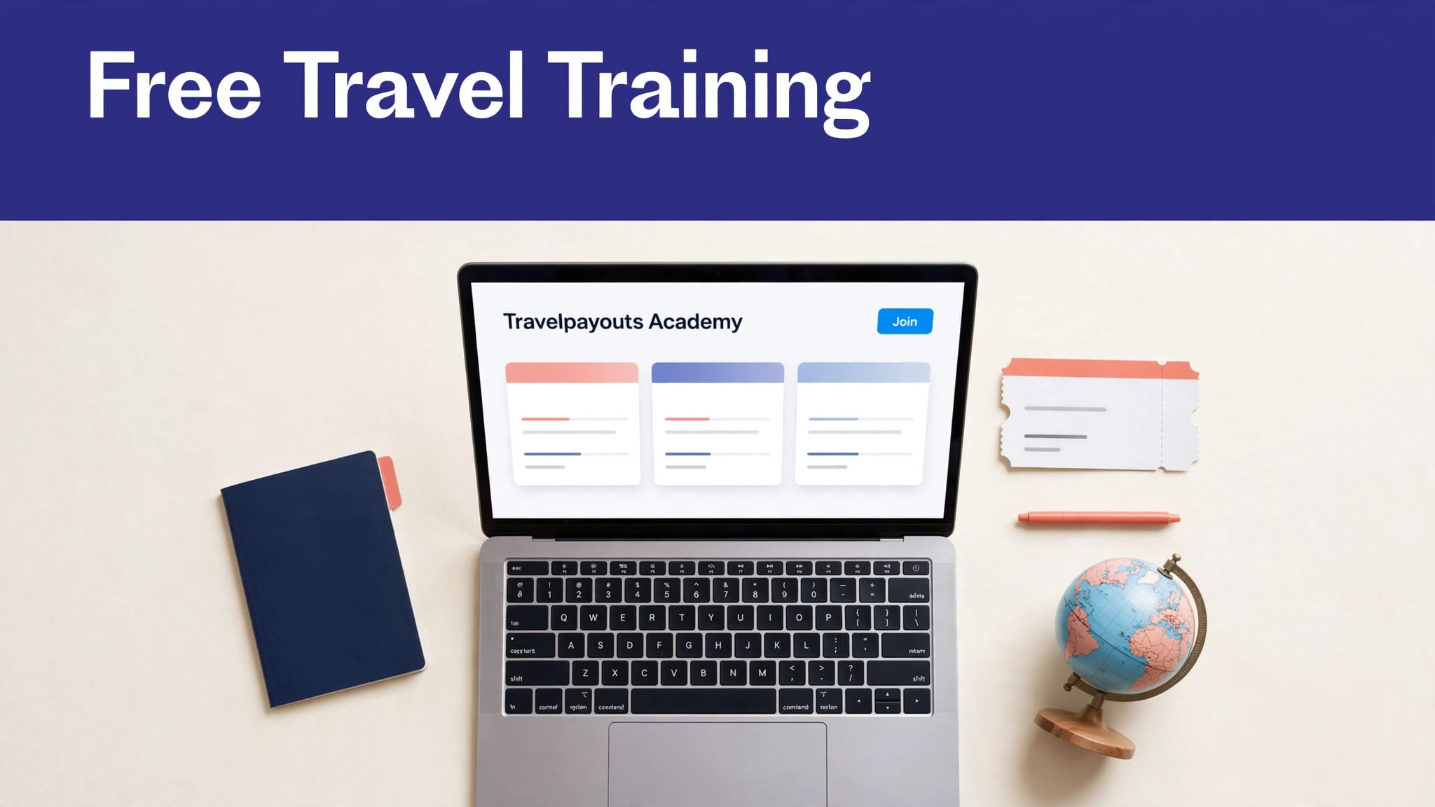 Laptop showing travel training beside a passport, ticket, and globe under an indigo banner.