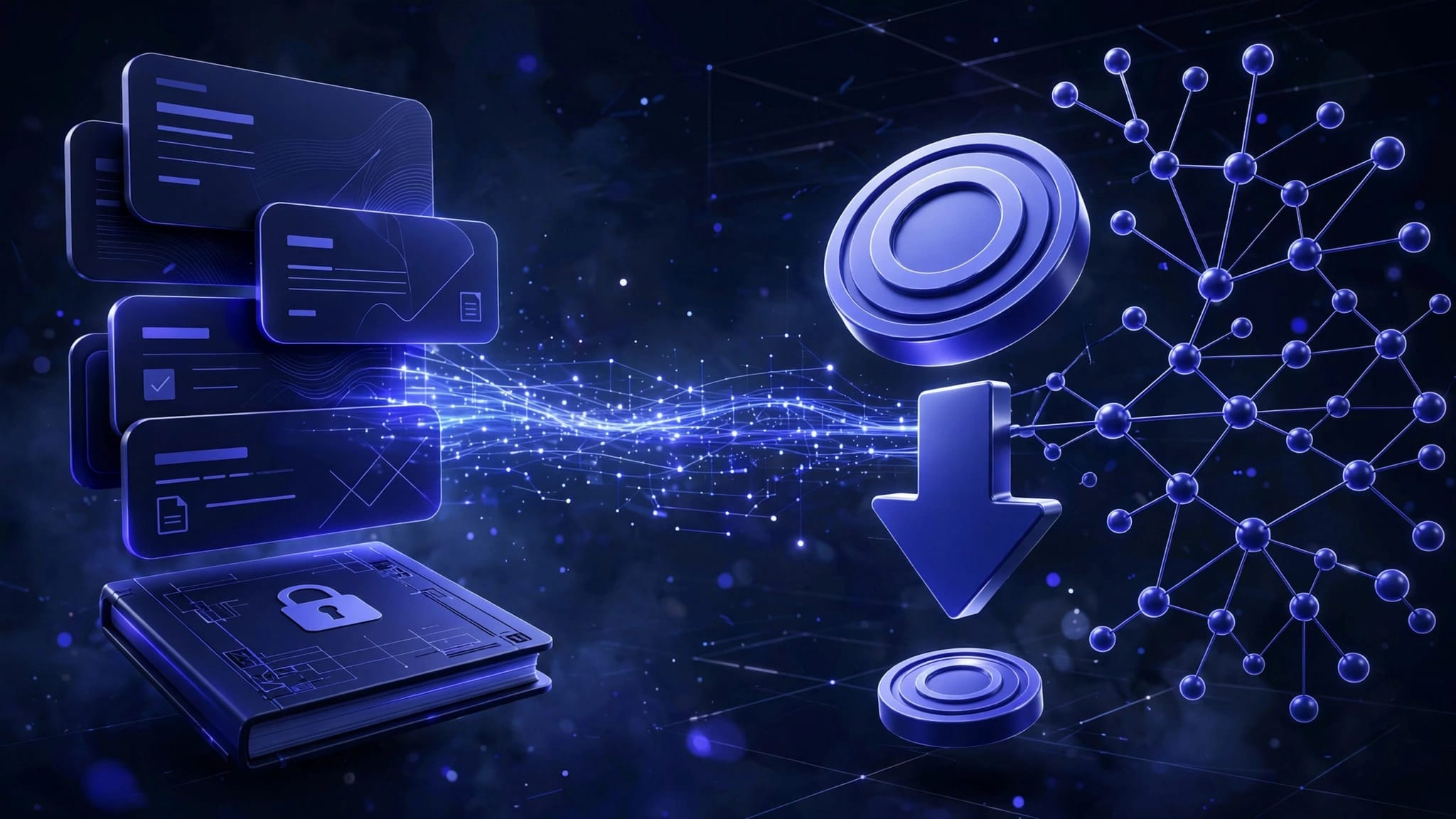 Indigo payment cards connect to affiliate nodes as a downward arrow lowers a commission token.