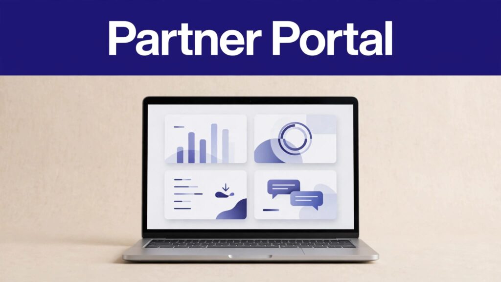 Laptop displaying a partner dashboard with referral and earnings cards.