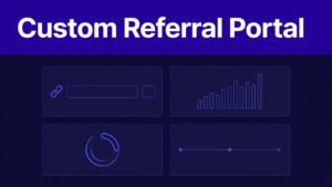 A dark dashboard showing referral links, commissions, payouts, and campaign details below an indigo header.