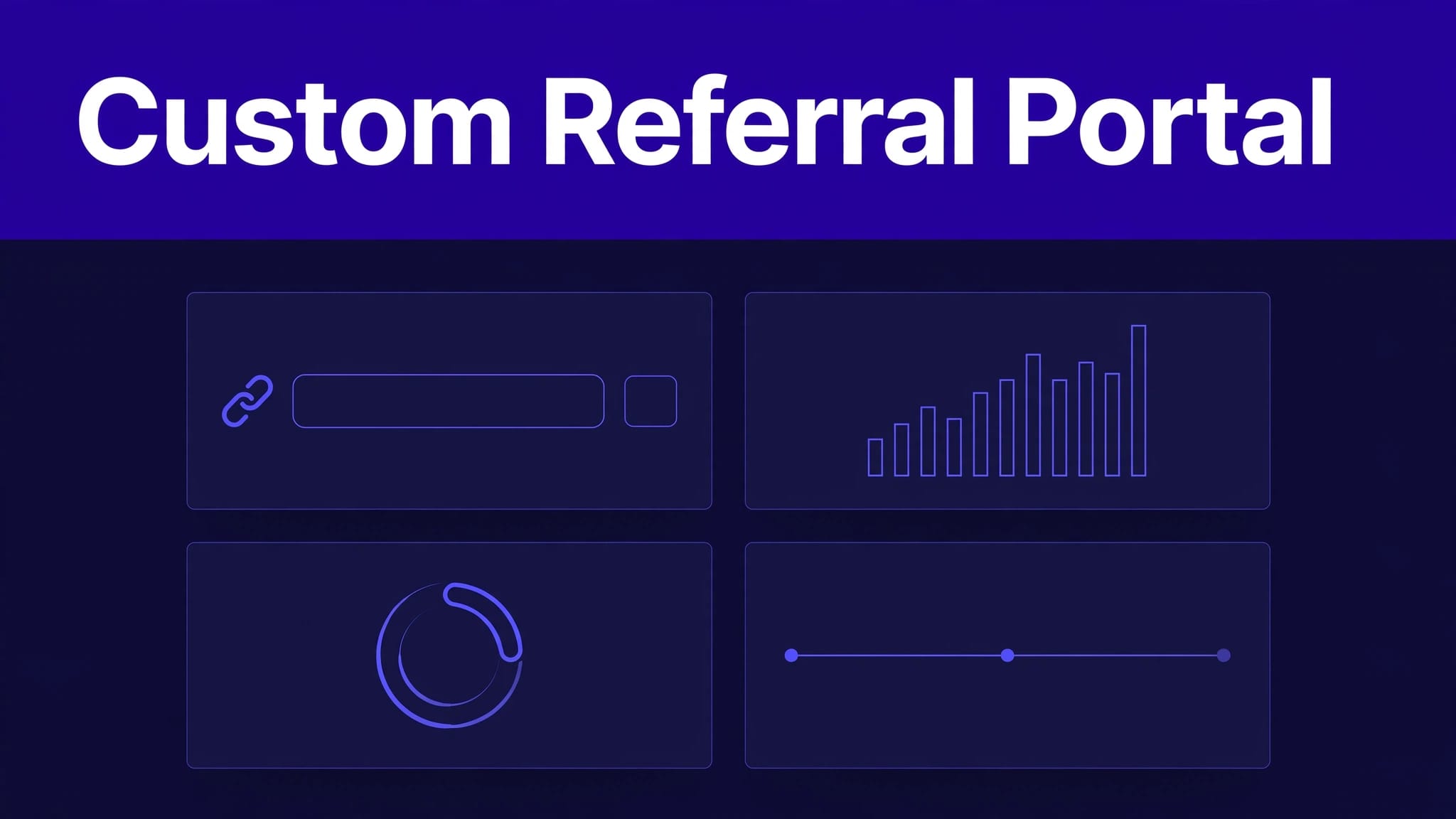 A dark dashboard showing referral links, commissions, payouts, and campaign details below an indigo header.