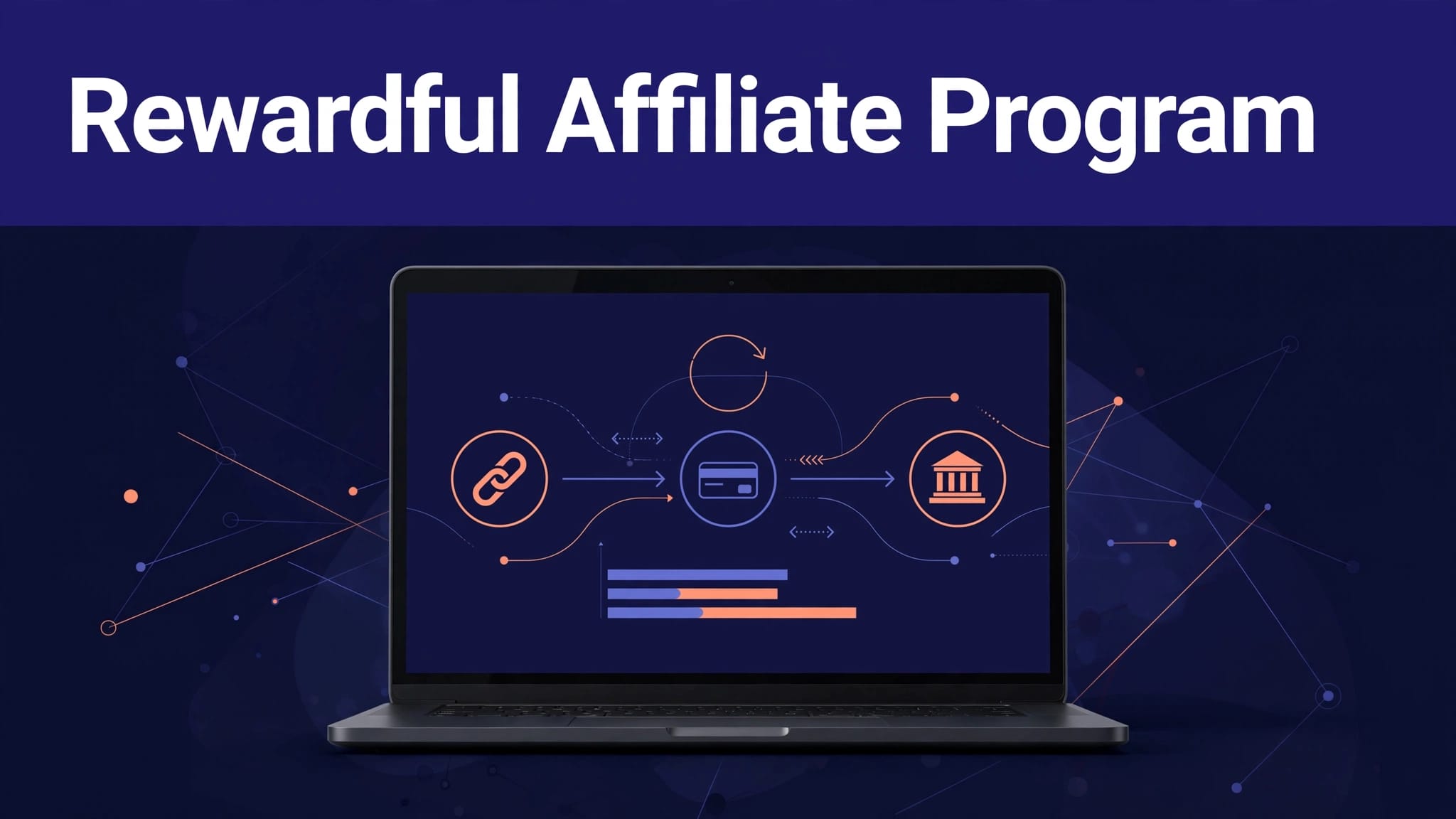 Laptop showing an affiliate dashboard with commission paths and subscription revenue flows.