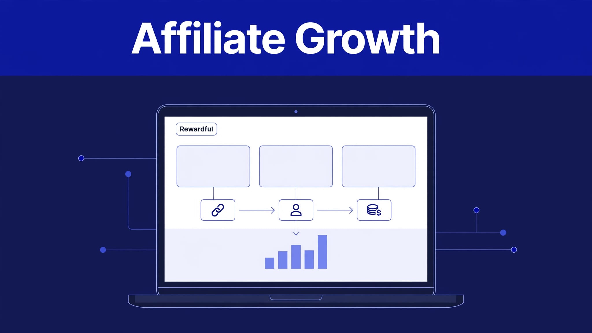 Laptop showing an affiliate dashboard with referral arrows and subscription metrics.
