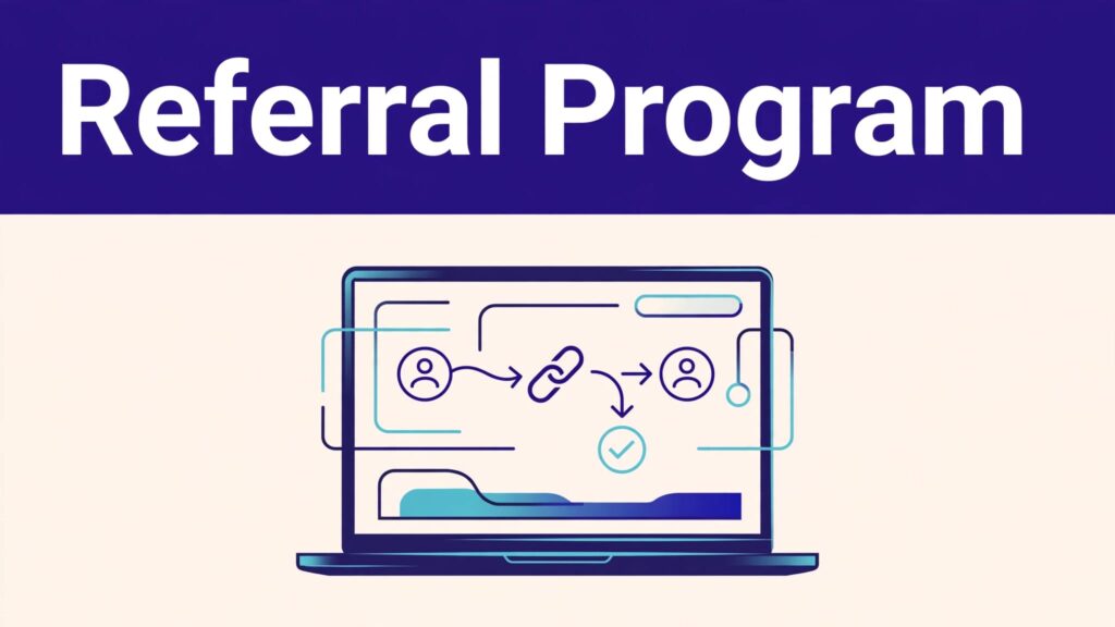 Laptop showing a referral dashboard and payment flow beneath an indigo Referral Program banner.