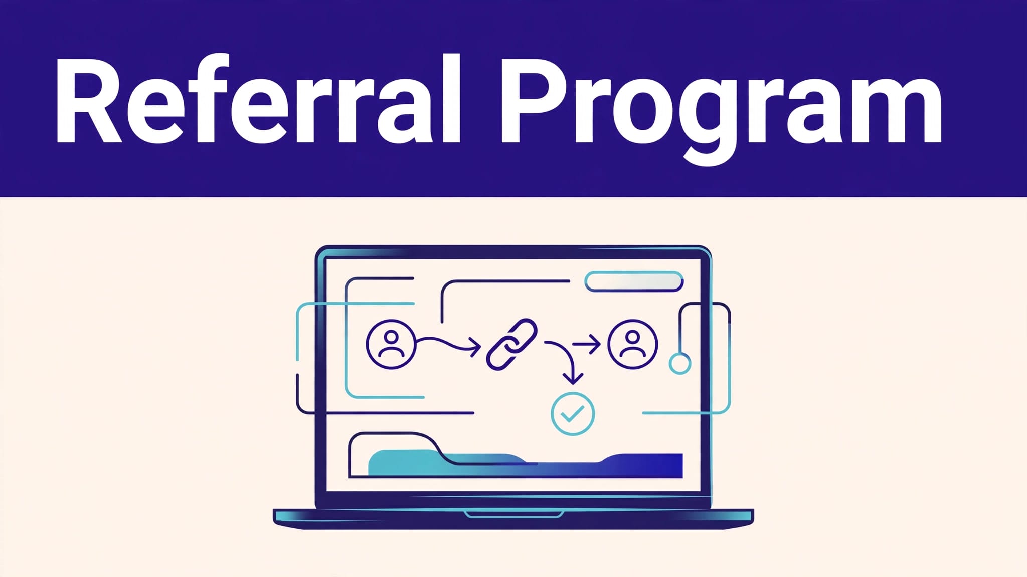 Laptop showing a referral dashboard and payment flow beneath an indigo Referral Program banner.