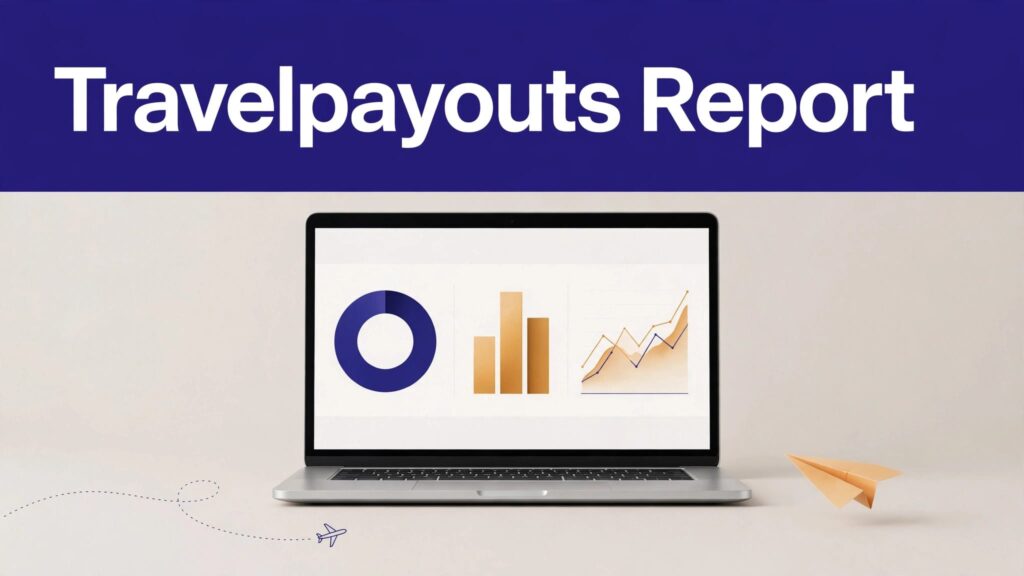 Laptop showing travel affiliate earnings charts with booking and airplane graphics.