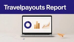 Laptop showing travel affiliate earnings charts with booking and airplane graphics.