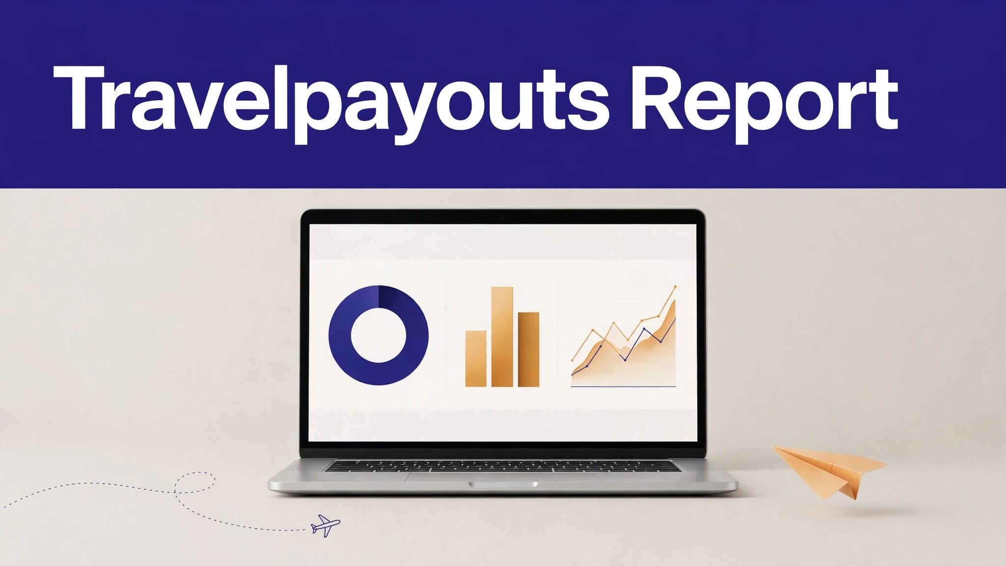 Laptop showing travel affiliate earnings charts with booking and airplane graphics.