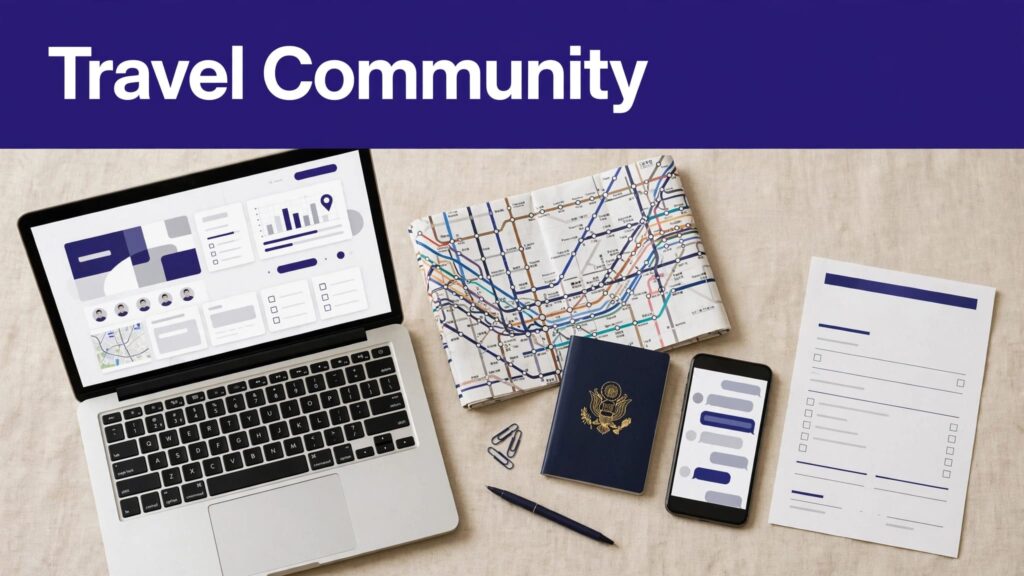 Laptop with a trip dashboard, Tokyo rail map, passport, phone, and hotel booking confirmation.