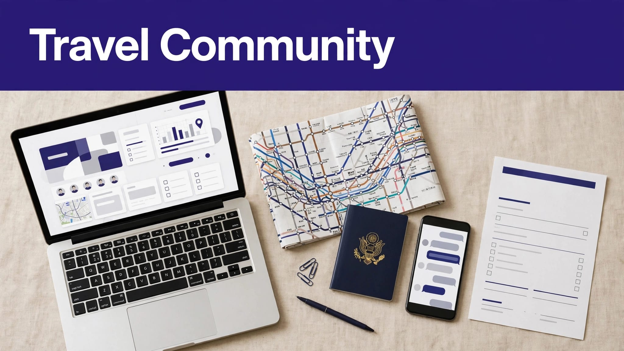 Laptop with a trip dashboard, Tokyo rail map, passport, phone, and hotel booking confirmation.