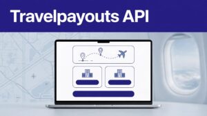 Laptop displaying flight and hotel prices beneath a Travelpayouts API banner