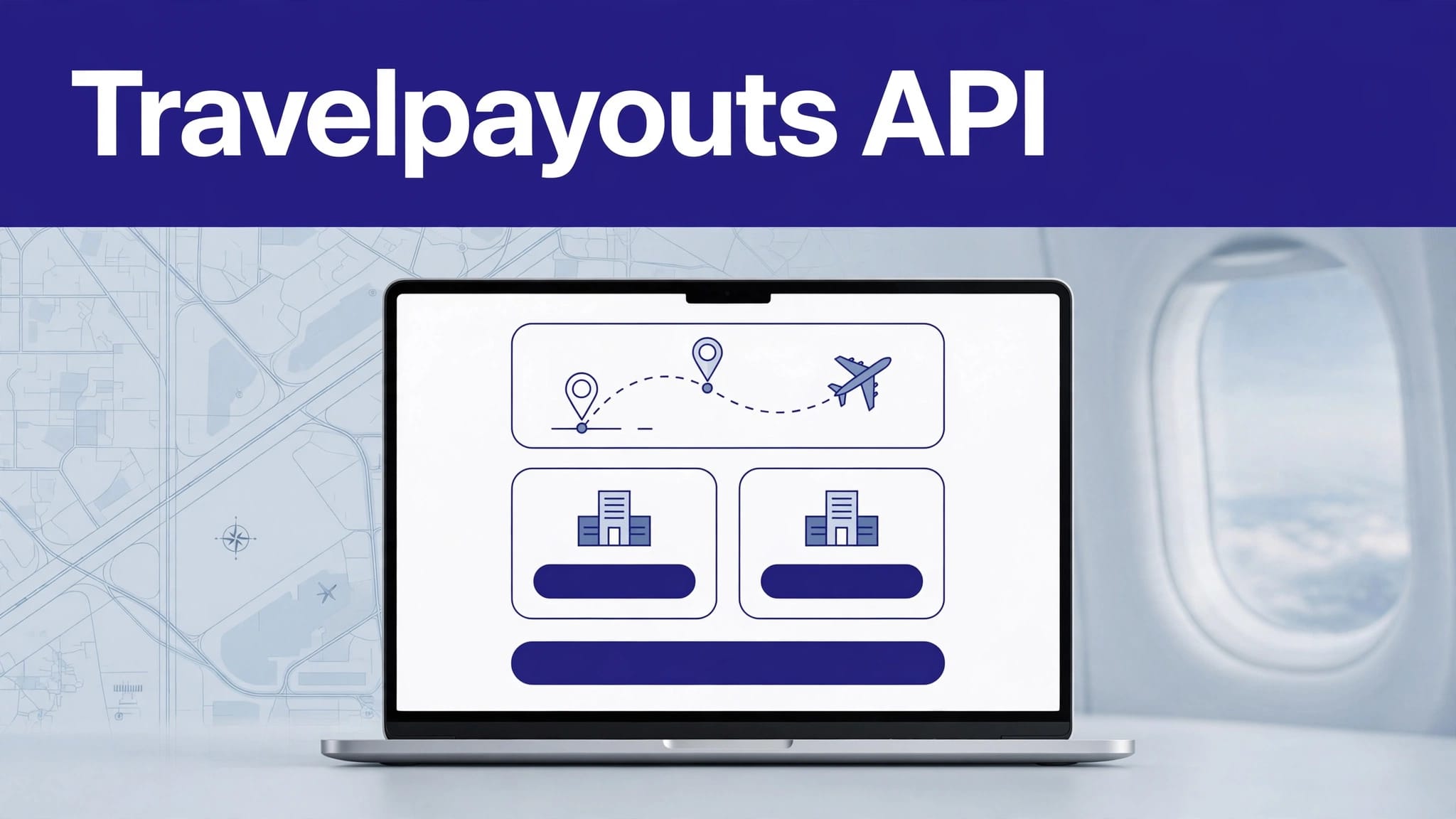 Laptop displaying flight and hotel prices beneath a Travelpayouts API banner