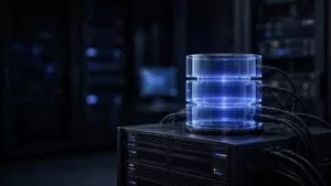 A glowing database cylinder on a server rack with cables and a dim website dashboard.