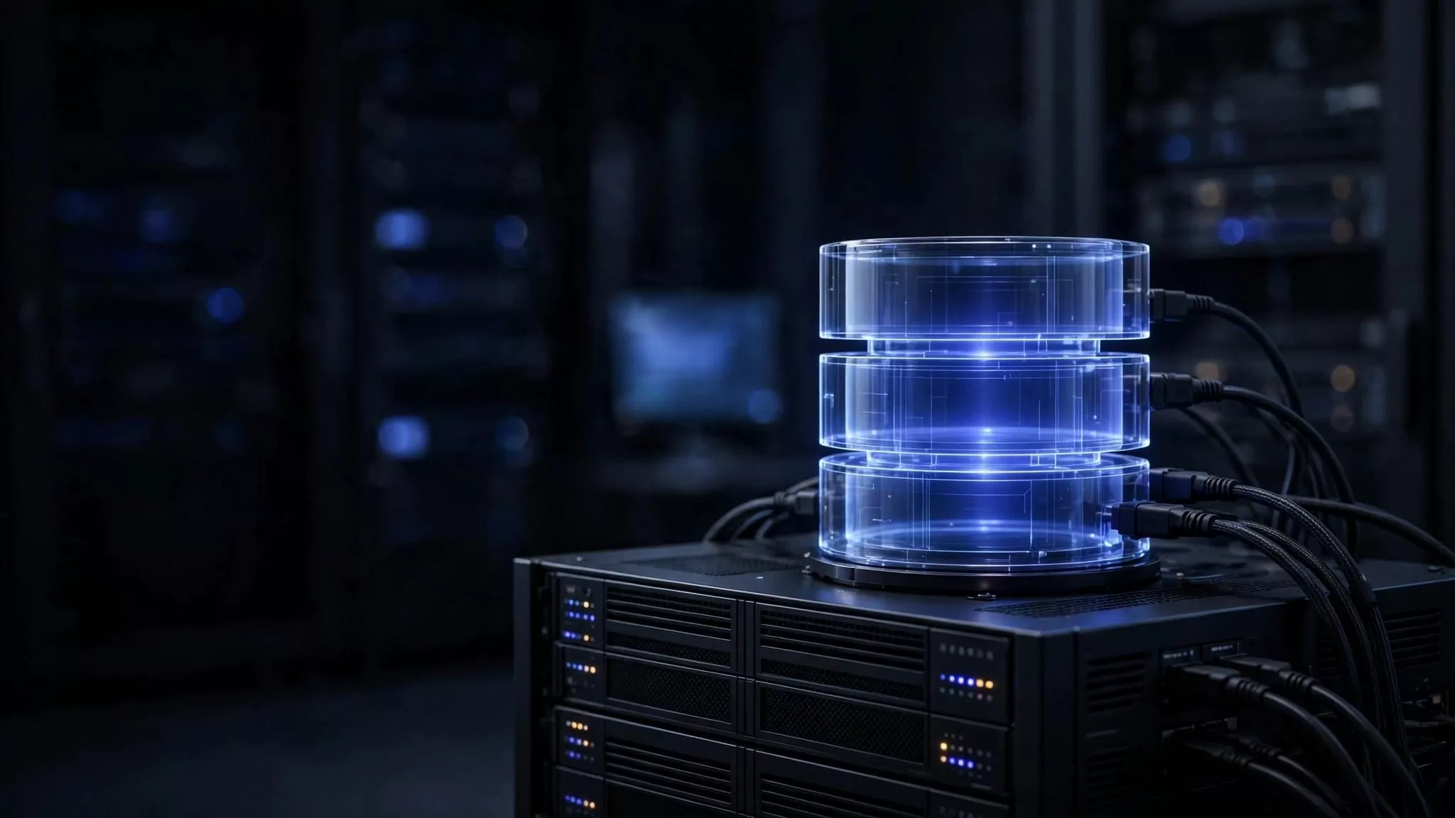 A glowing database cylinder on a server rack with cables and a dim website dashboard.