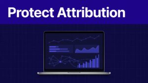 Laptop showing affiliate booking analytics beneath a Protect Attribution banner.