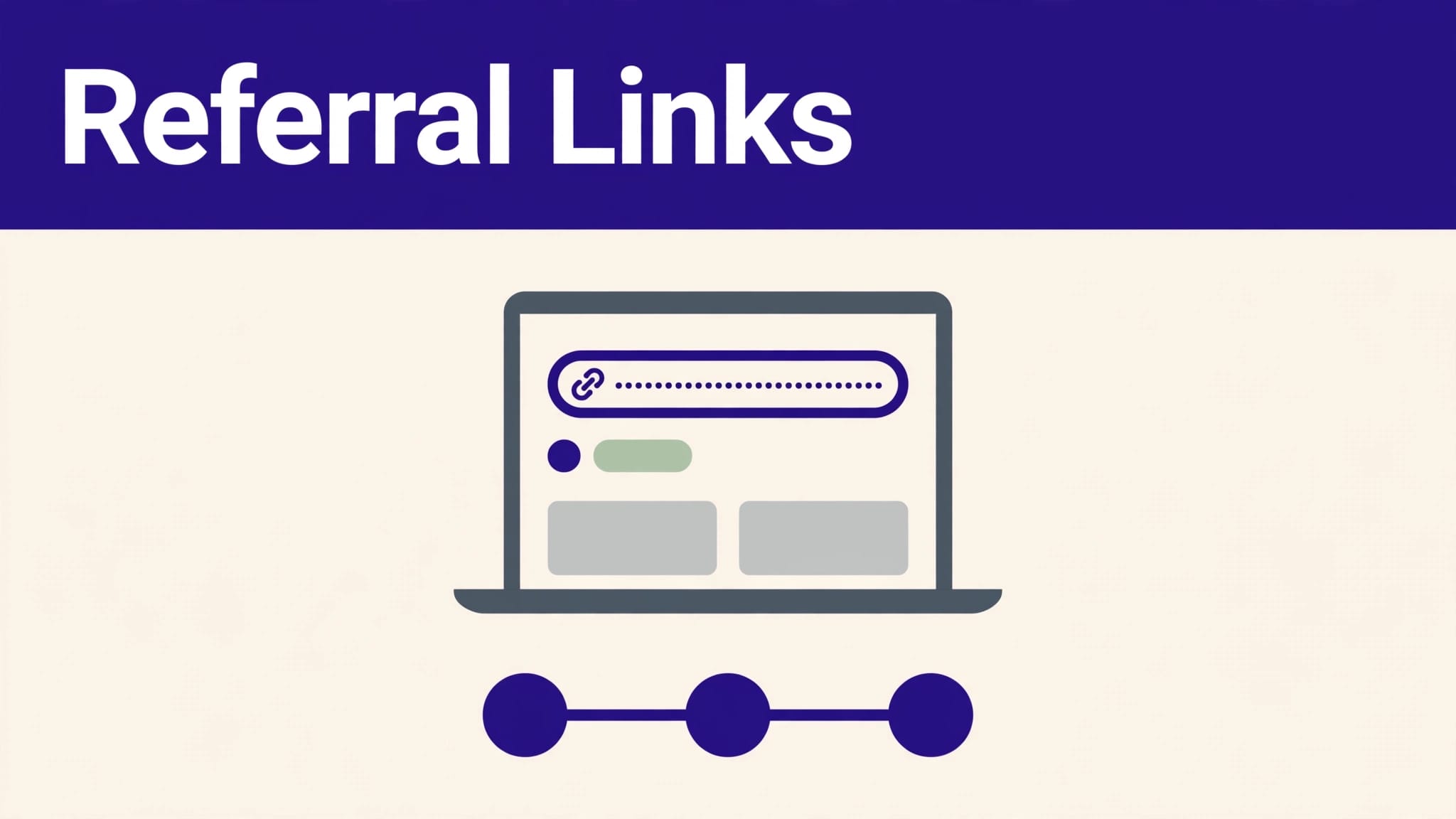 Laptop showing a referral dashboard with linked nodes leading to a landing page.