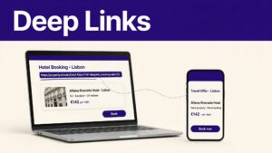 Laptop and smartphone display matching Lisbon hotel offers beneath a Deep Links header.