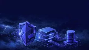 A glowing server stack connects a reverse proxy and database behind protective shields.