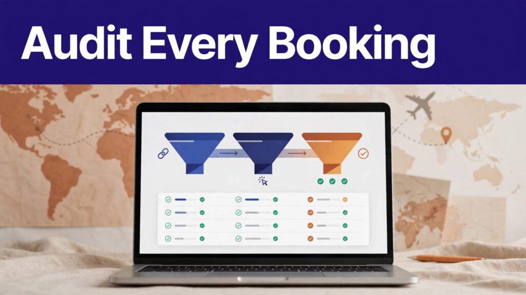 Laptop showing a travel affiliate funnel with booking audits and commission tracking.
