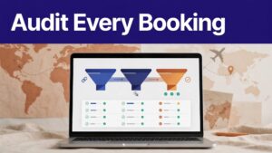 Laptop showing a travel affiliate funnel with booking audits and commission tracking.
