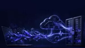 A laptop sends blue light toward secure clouds and glowing servers.