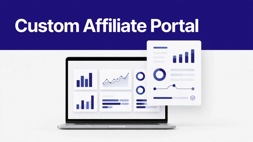 Laptop showing an affiliate dashboard with referral links, commissions, activity, and payouts.