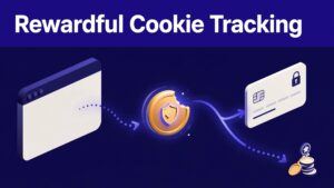 Browser showing a referral link connected to a cookie, checkout card, and commission path.