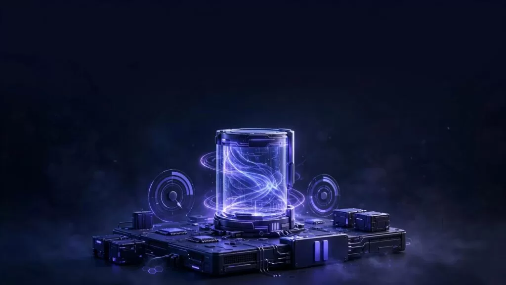 A glowing blue-violet database cylinder sits on a small server platform.