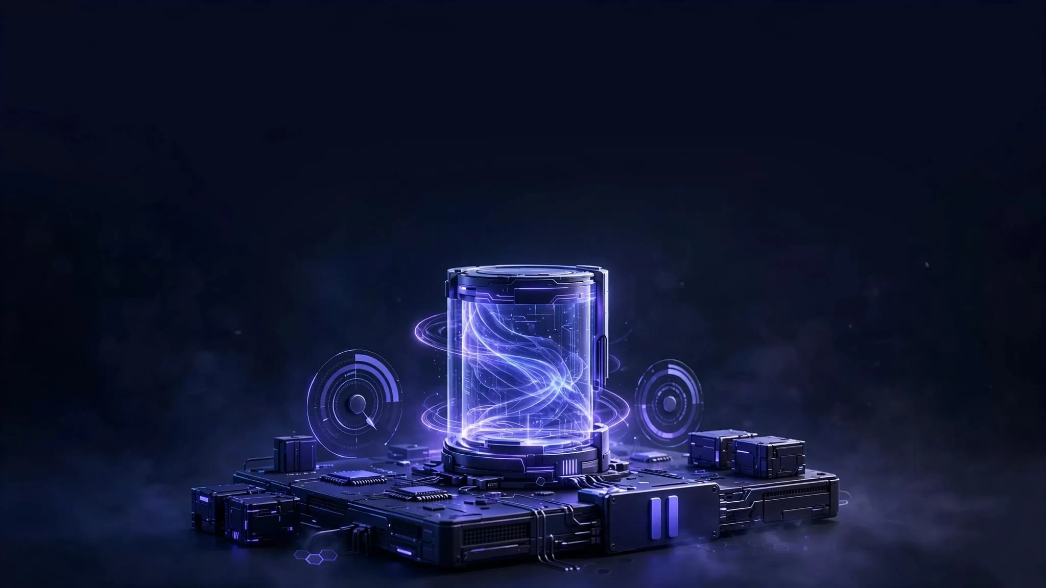 A glowing blue-violet database cylinder sits on a small server platform.