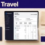 Laptop showing an affiliate dashboard beside a passport, map, boarding pass, and hotel key card.