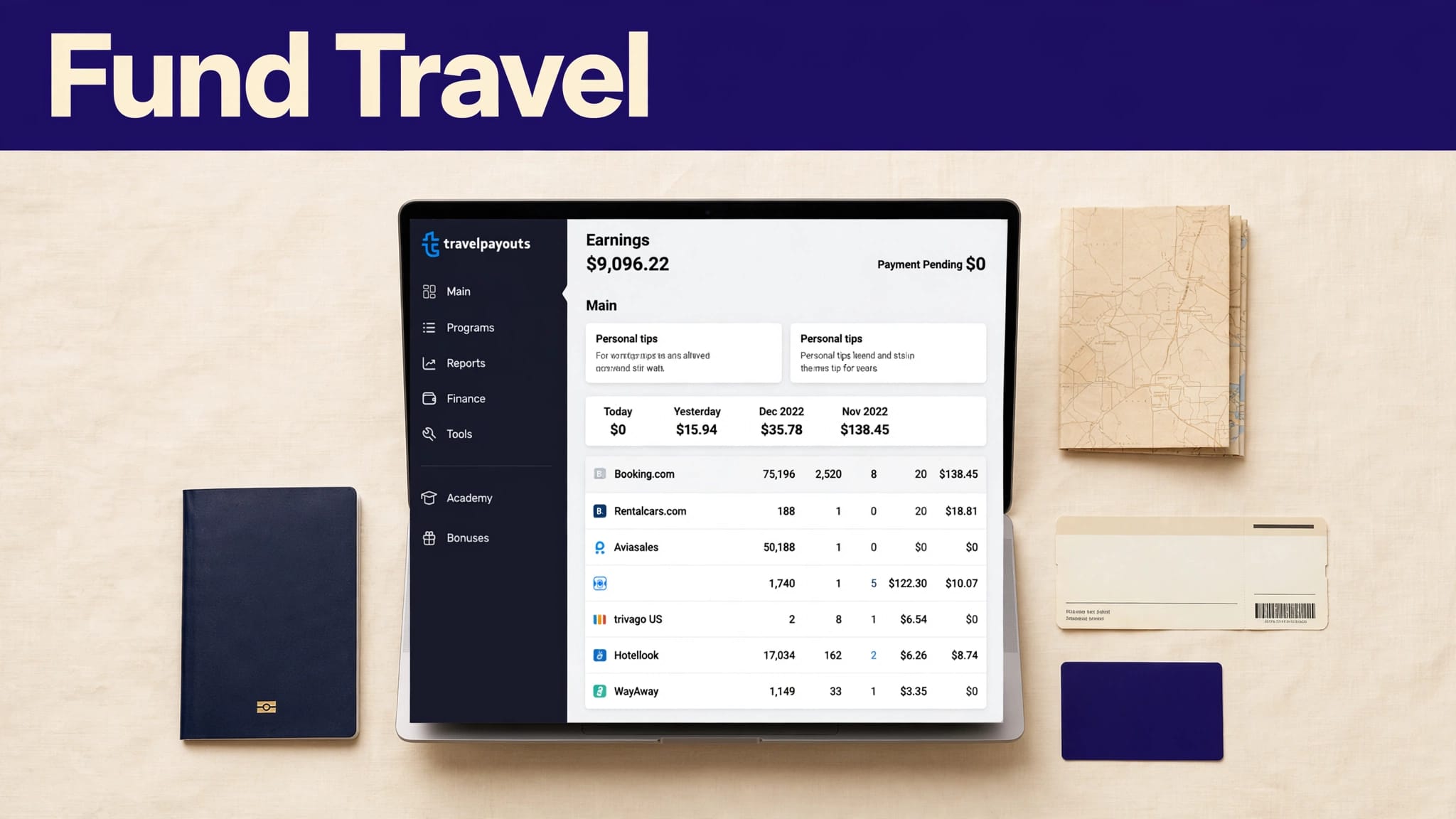 Laptop showing an affiliate dashboard beside a passport, map, boarding pass, and hotel key card.
