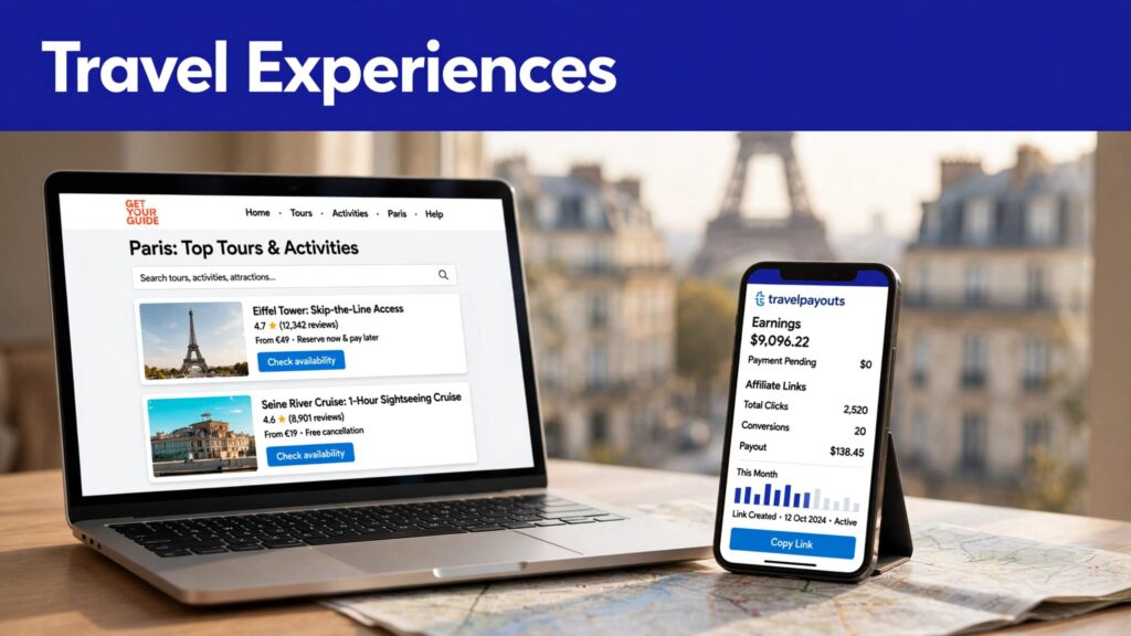 Laptop and smartphone showing travel booking and affiliate screens near a European landmark.
