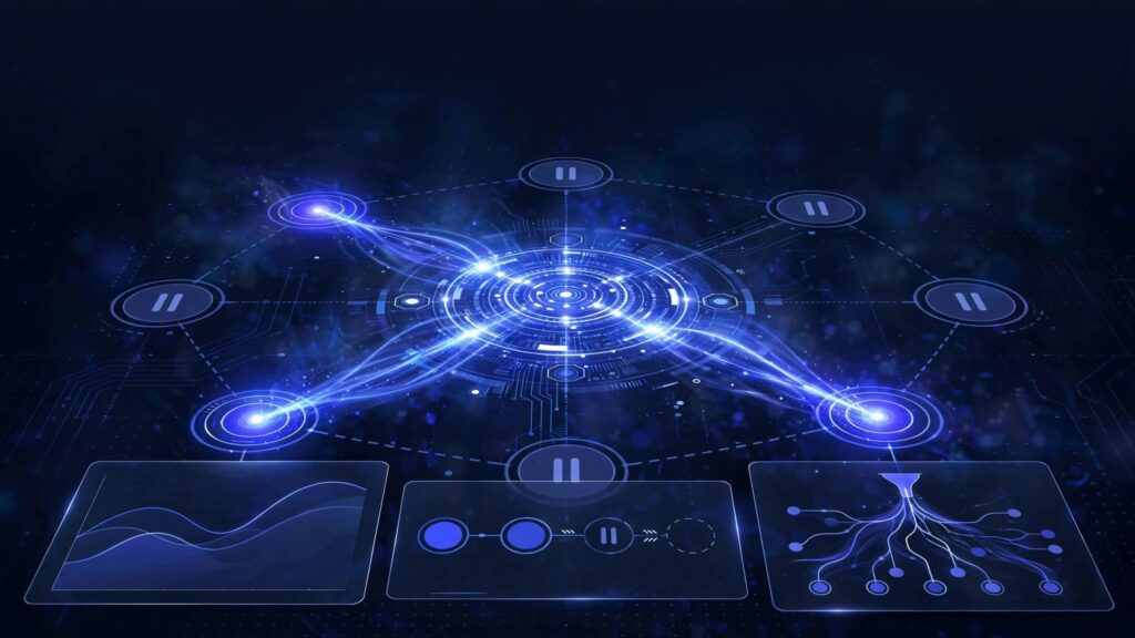 A glowing network hub links active and paused partner nodes beside abstract analytics panels.