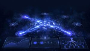 A glowing network hub links active and paused partner nodes beside abstract analytics panels.