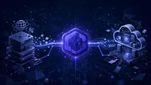 An indigo app node splits data between a CDN server and cloud runtime.