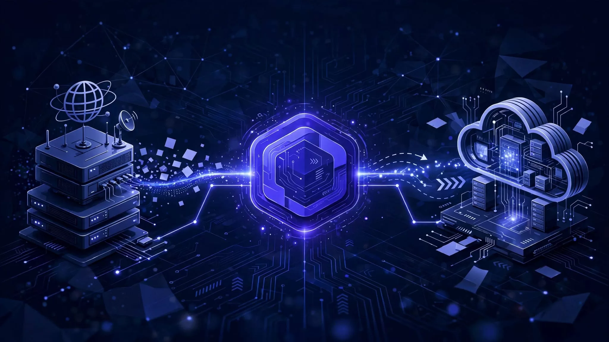 An indigo app node splits data between a CDN server and cloud runtime.