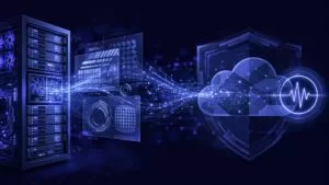 Glowing server racks connect to a secure cloud with indigo data streams.