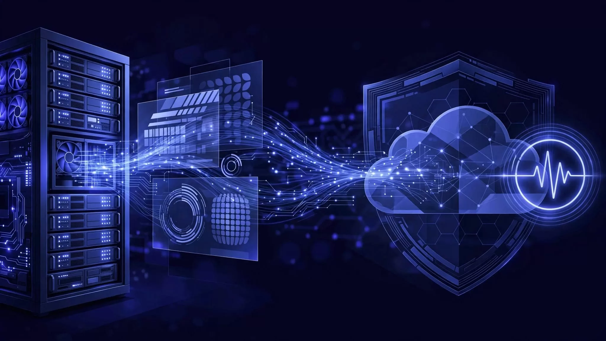 Glowing server racks connect to a secure cloud with indigo data streams.